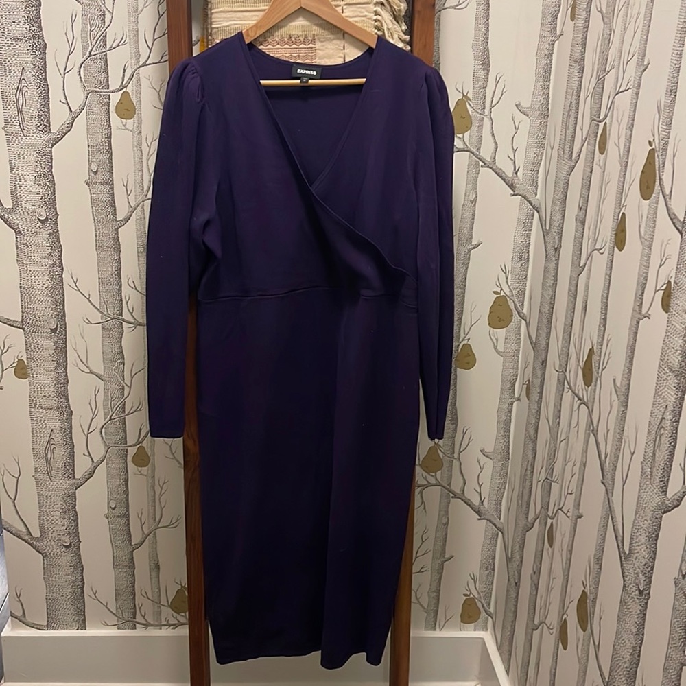 Express puff sleeve faux wrap sweater dress